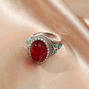Boho Jewelry Ruby Red Stone & Turquoise’s Accent Ring size 6